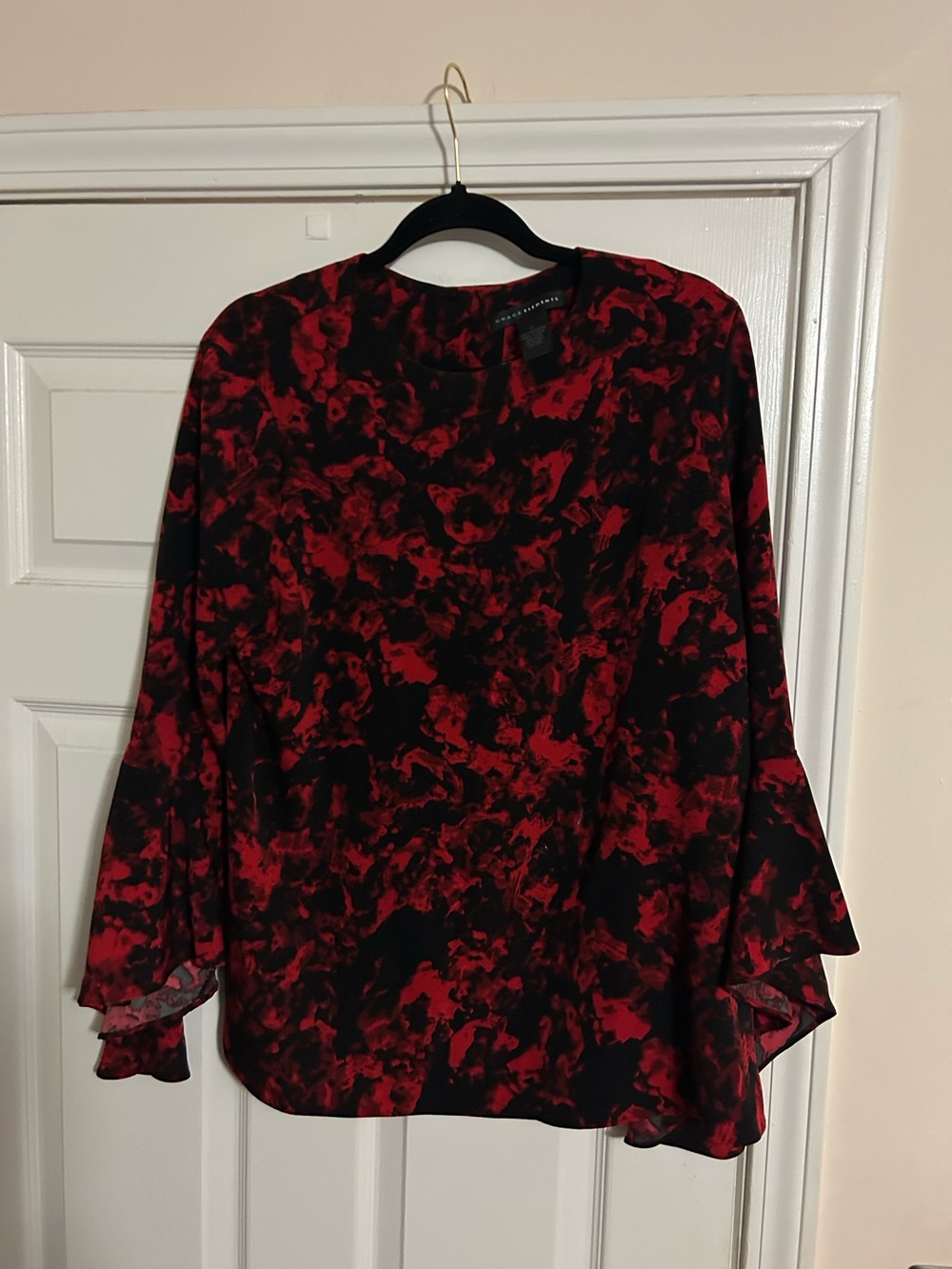 Grace Elements Black and Red Floral-Print Long Sleeve Blouse